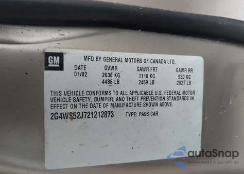 2002 Buick Century Custom z USA, uszkodzony, nr VIN 2G4WS52J721212873